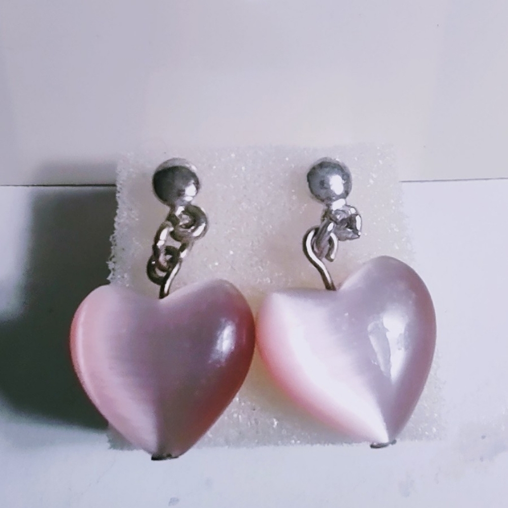 Pink Hearts Cat's Eye Pierced Dangle Earrings